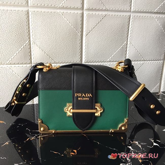 PRADA LEATHER PRADA CAHIER BAG BLACK/EMERALD GREEN 1BD045 SIZE 20 x 14 x 8.5 CM - 1