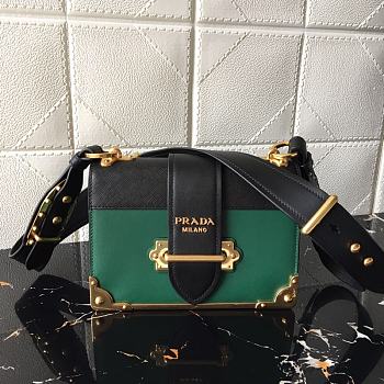 PRADA LEATHER PRADA CAHIER BAG BLACK/EMERALD GREEN 1BD045 SIZE 20 x 14 x 8.5 CM