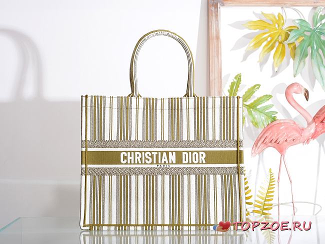 DIOR BOOK TOTE MATCHA GREEN & WHITE STRIPES EMBROIDERY M1286 SIZE 41.5x32x5 CM - 1