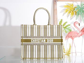 DIOR BOOK TOTE MATCHA GREEN & WHITE STRIPES EMBROIDERY M1286 SIZE 41.5x32x5 CM