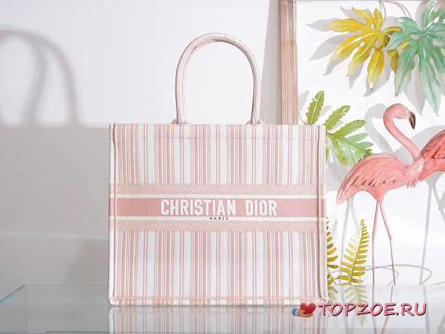 DIOR BOOK TOTE PINK & WHITE STRIPES EMBROIDERY M1286 SIZE 41.5x32x5 CM - 1