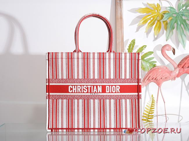 DIOR BOOK TOTE RED & WHITE STRIPES EMBROIDERY M1286 SIZE 41.5x32x5 CM - 1