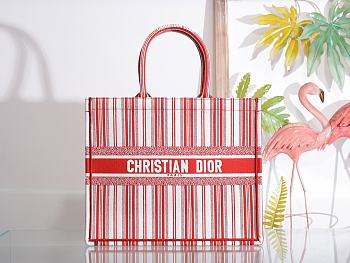 DIOR BOOK TOTE RED & WHITE STRIPES EMBROIDERY M1286 SIZE 41.5x32x5 CM