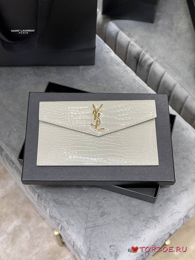 YSL UPTOWN POUCH IN CROCODILE WHITE LEATHER 565739 SIZE 27×16×2 CM - 1