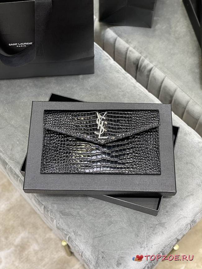 YSL UPTOWN POUCH IN CROCODILE LEATHER SILVER HARDWARE 565739 SIZE 27×16×2 CM - 1