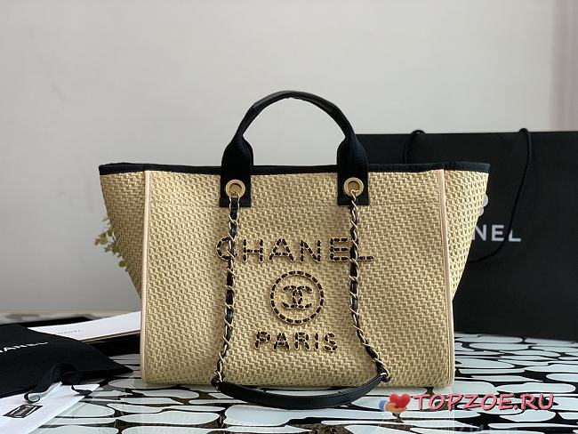 CHANEL CANVAS LARGE DEAUVILLE TOTE BEIGE A66942 SIZE 38 CM - 1