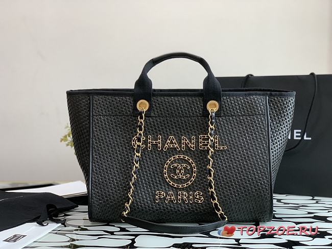 CHANEL CANVAS LARGE DEAUVILLE TOTE BLACK A66942 SIZE 38 CM - 1