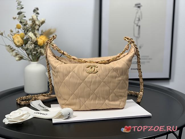 CHANEL CRUMPLED LAMBSKIN MINI HOBO BAG BEIGE 15CM - 1