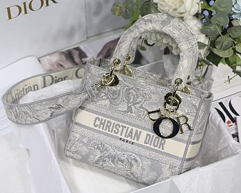 DIOR MEDIUM LADY D-LITE EMBROIDERED BAG GRAY M0565 SIZE 24 x 20 x 11 CM