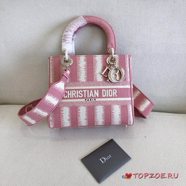 DIOR MEDIUM LADY PINK D-STRIPES EMBROIDERED M0565 SIZE 24x20x11 CM - 1