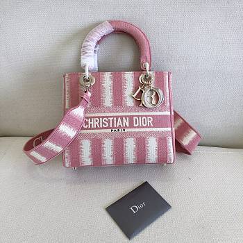 DIOR MEDIUM LADY PINK D-STRIPES EMBROIDERED M0565 SIZE 24x20x11 CM