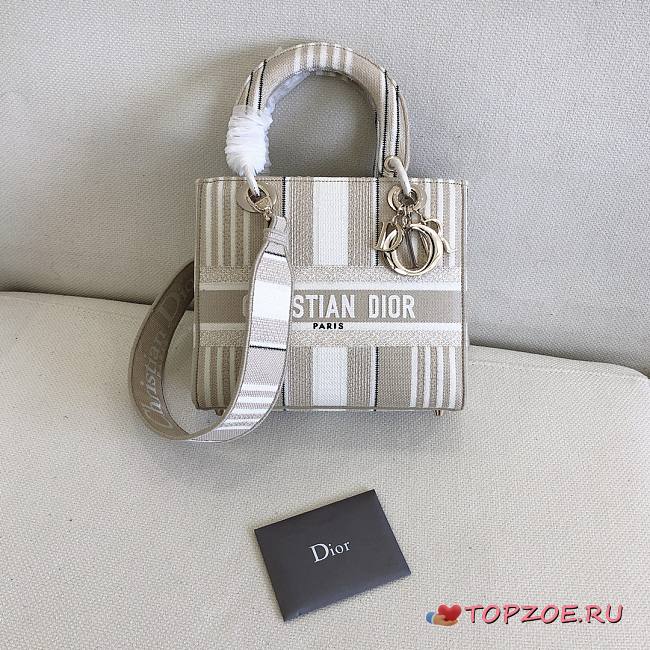 DIOR MEDIUM LADY GRAY STRIPES EMBROIDERED M0565 SIZE 24x20x11 CM - 1