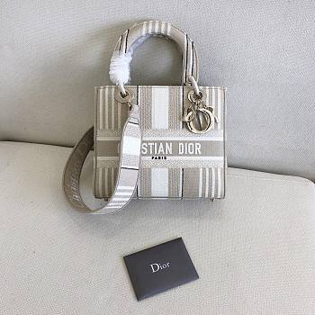 DIOR MEDIUM LADY GRAY STRIPES EMBROIDERED M0565 SIZE 24x20x11 CM