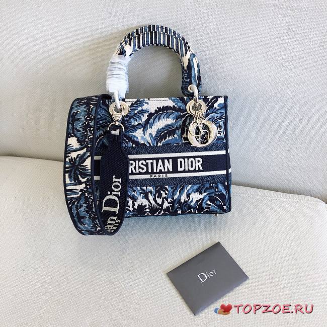 DIOR MEDIUM LADY BLUE PALMS EMBROIDERED M0565 SIZE 24 x 20 x 11 CM  - 1