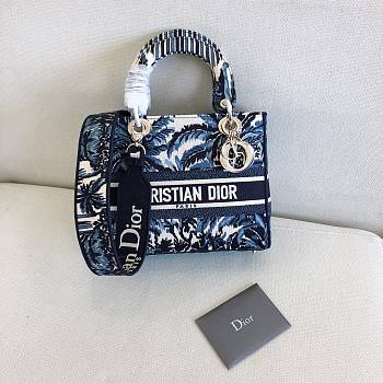 DIOR MEDIUM LADY BLUE PALMS EMBROIDERED M0565 SIZE 24 x 20 x 11 CM 