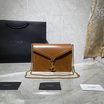 YSL CASSANDRA MONOGRAM CLASP BAG BROWN SUEDE & LEATHER 532750 SIZE 22 CM