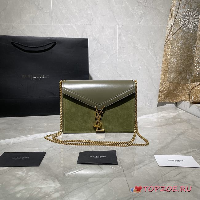 YSL CASSANDRA MONOGRAM CLASP BAG TEA GREEN SUEDE & LEATHER 532750 SIZE 22 CM - 1
