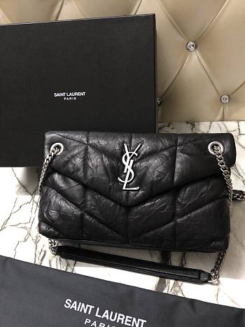 YSL LOULOU PUFFER SMALL BLACK LAMBSKIN SILVER METAL 577476 SIZE 29 x 17 x 11 CM  