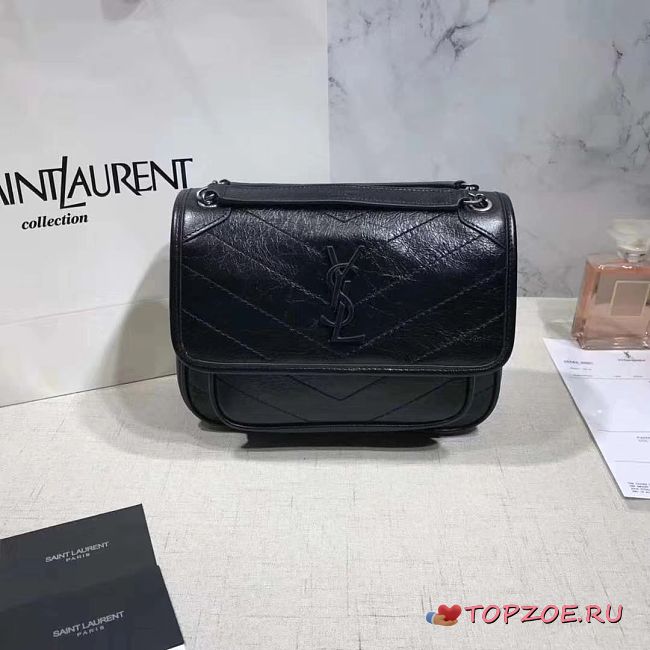 YSL NIKI BABY IN CRINKLED VINTAGE LEATHER BLACK 533037 SIZE 22 CM - 1