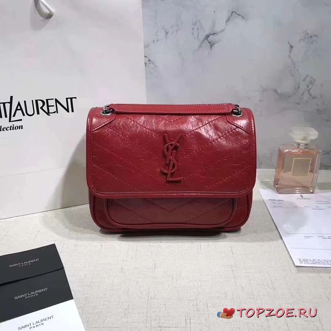 YSL NIKI BABY IN CRINKLED VINTAGE LEATHER RED 533037 SIZE 22 CM - 1
