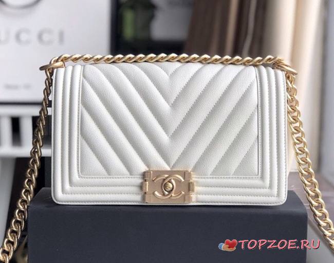 CHANEL CHEVRON BOY BAG WHITE 25CM - 1