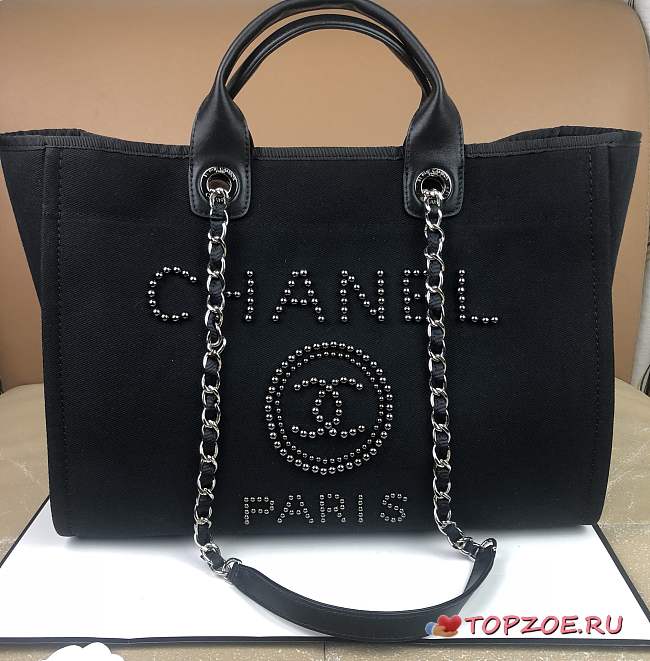CHANEL DEAUVILLE MIXED FIBERS SHOPPING BAG BLACK A66941 SIZE 38x29x20 CM - 1