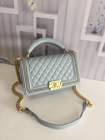 CHANEL BOY BAG WITH TOP HANDLE LIGHT BLUE A67086 SIZE 25 CM