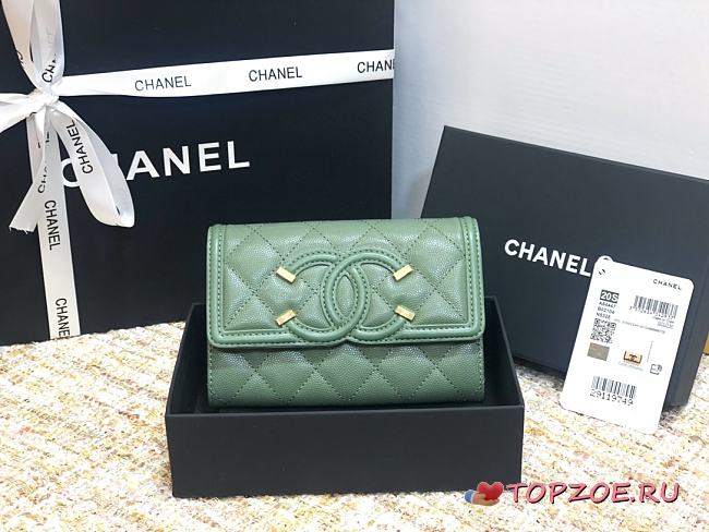 CHANEL CC FIIGREE SMALL WALLET TEA GREEN A84447 SIZE 15 CM - 1