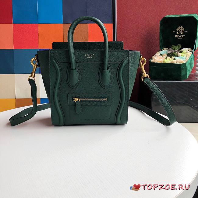 CELINE NANO LUGGAGE HANDBAG EMERALD GREEN GRAIN LEATHER 189243 SIZE 20 CM - 1