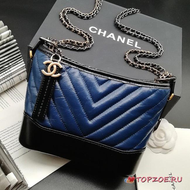 CHANEL GABRIELLE CHEVRON HOBO BAG BLACK/HAZE BLUE 20CM - 1