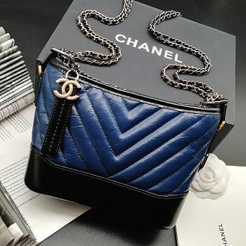 CHANEL GABRIELLE CHEVRON HOBO BAG BLACK/HAZE BLUE 20CM