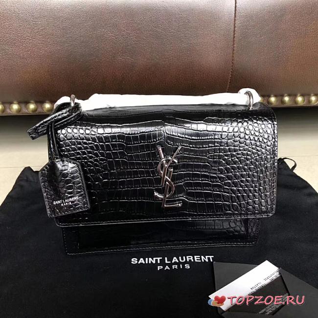YSL SUNSET MEDIUM IN CROCODILE EMBOSSED LEATHER BLACK 442906 SIZE 22 CM - 1