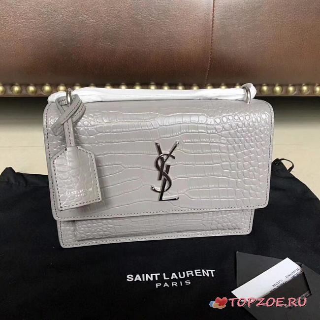 YSL SUNSET MEDIUM IN CROCODILE EMBOSSED LEATHER GRAY 442906 SIZE 22 CM - 1