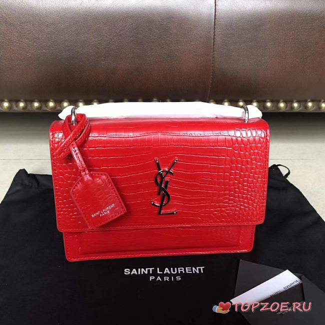 YSL SUNSET MEDIUM IN CROCODILE EMBOSSED LEATHER RED 442906 SIZE 22 CM - 1