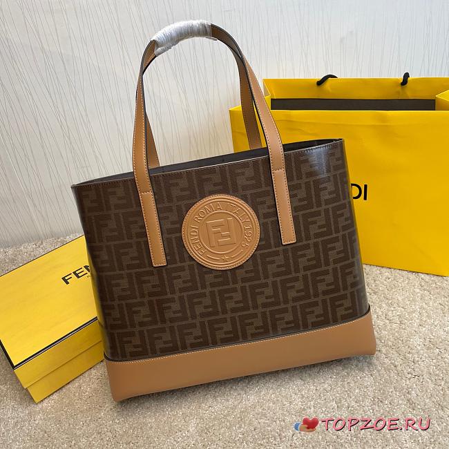 FENDI LOGO STAMP SHOPPER TOTE BAG BROWN/BEIGE SIZE 37 CM - 1