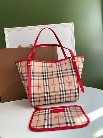 BURBERRY SHOPPING BAG & POCKET RED LEATHER TRIM SIZE 26 CM