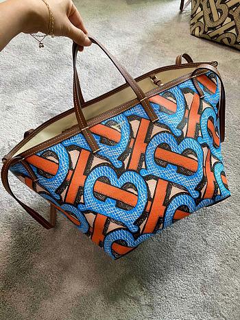 BURBERRY MINI MONOGRAN PRINT E-CANVAS BEACH TOTE BLUE & ORANGE