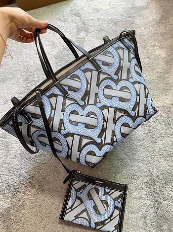 BURBERRY MINI MONOGRAN PRINT E-CANVAS BEACH TOTE LIGHT BLUE