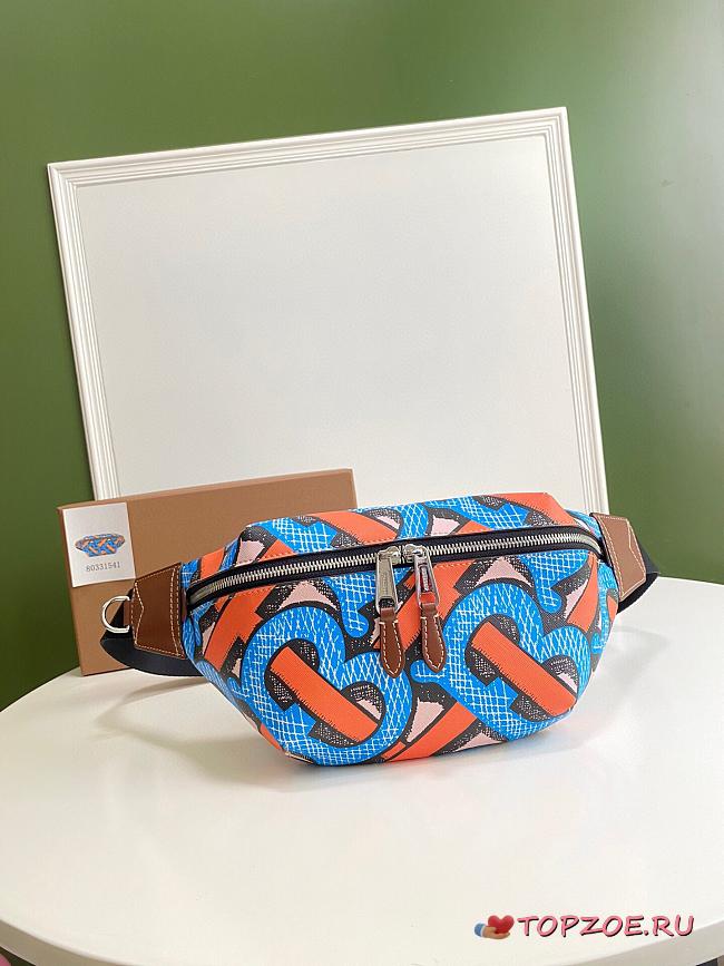 BURBERRY MONOGRAN PRINT E-CANVAS SONNY BUM BAG BLUE & ORANGE - 1