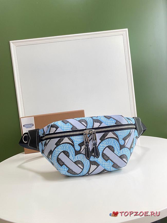 BURBERRY MONOGRAN PRINT E-CANVAS SONNY BUM BAG LIGHT BLUE - 1