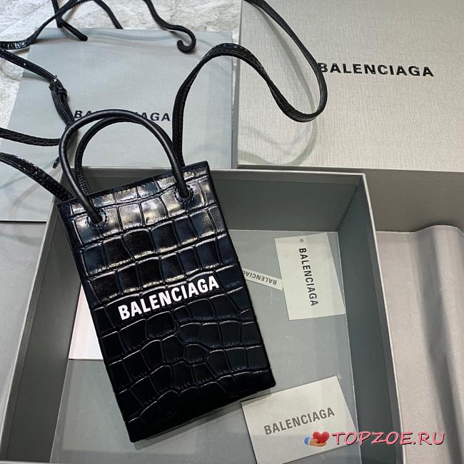 BALENCIAGA SHOPPING PHONE HOLDER IN BLACK CROCODILE EMBOSSED 5938260 SIZE 12 CM - 1