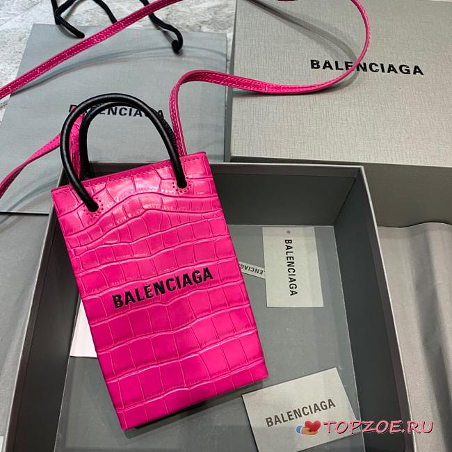 BALENCIAGA SHOPPING PHONE HOLDER IN PINK CROCODILE EMBOSSED 5938260 SIZE 12 CM - 1