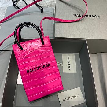 BALENCIAGA SHOPPING PHONE HOLDER IN PINK CROCODILE EMBOSSED 5938260 SIZE 12 CM