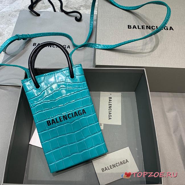 BALENCIAGA SHOPPING PHONE HOLDER IN TURQUOISE BLUE CROCODILE EMBOSSED 5938260 SIZE 12 CM - 1