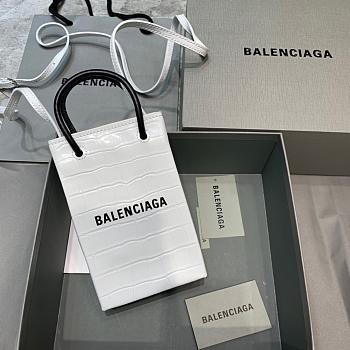 BALENCIAGA SHOPPING PHONE HOLDER IN WHITE CROCODILE EMBOSSED 5938260 SIZE 12 CM