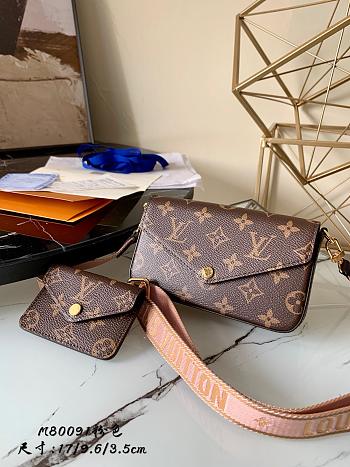 LV FÉLICIE KHAKI GREEN ROSE BEIGE STRAP & GO M80091 17 CM