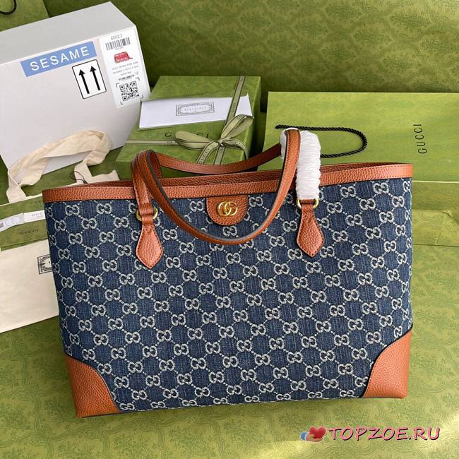 GUCCI OPHIDIA GG JACQUARD DENIM MEDIUM TOTE 631685 SIZE 38 CM - 1