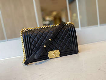 CHANEL BOY HANDBAG BLACK & GOLDEN METAL A67086 25 CM