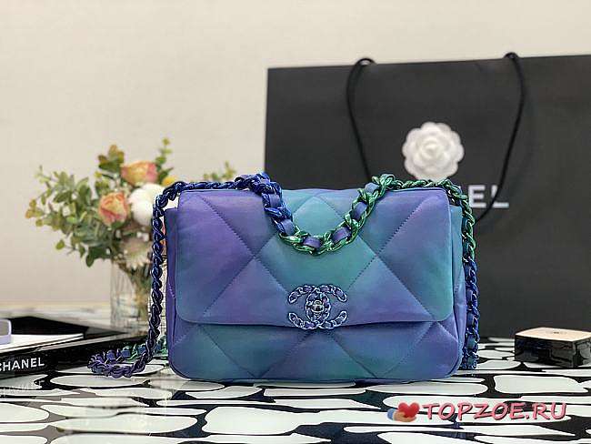 CHANEL 19 HANDBAG LACQUERED METAL BLUE & PURPLE AS1160 26CM - 1