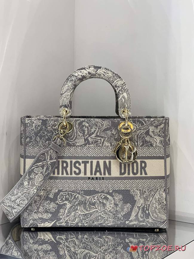 DIOR LARGE LADY D-LITE EMBROIDERED BAG GRAY M0565 SIZE 32 CM - 1